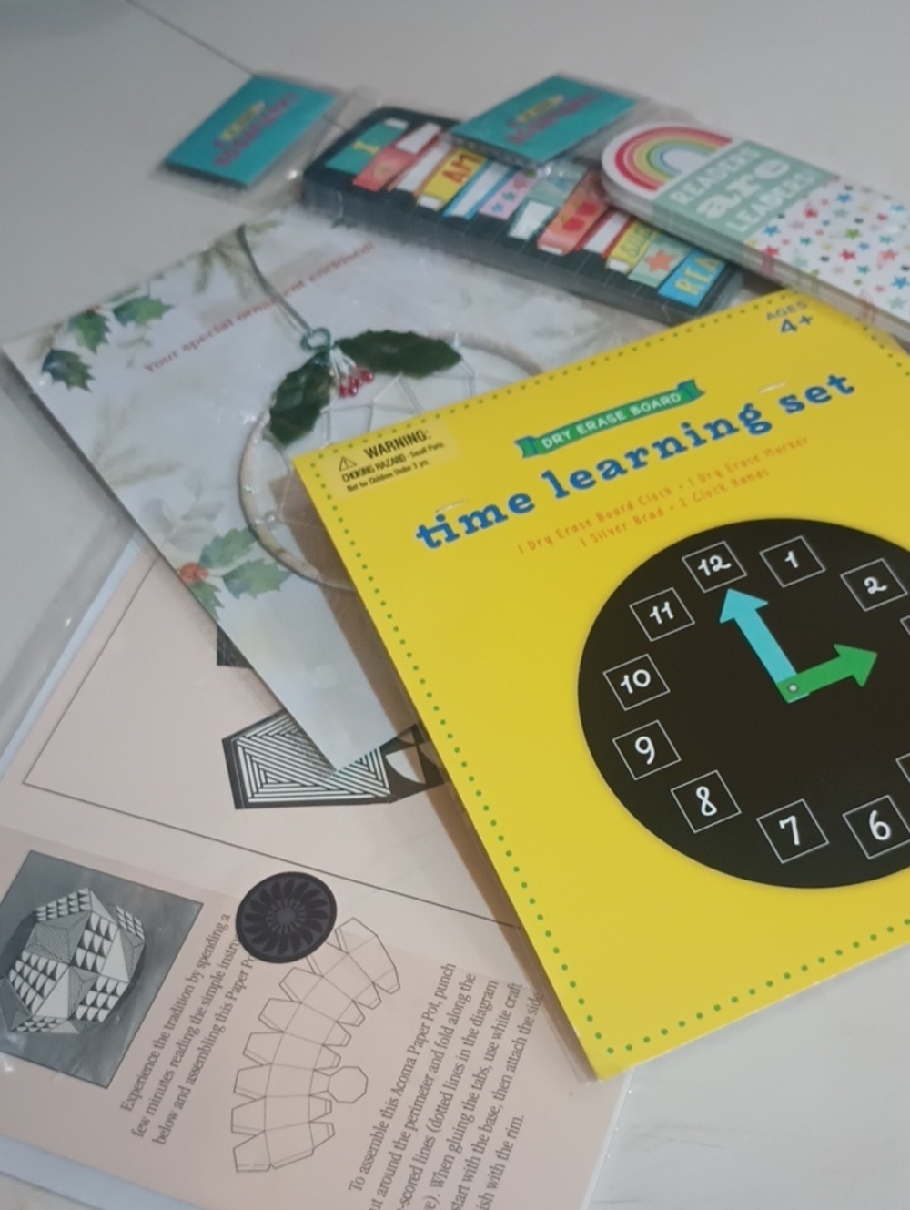 Yellow Dry Erase Clock, Bookmarks, Paper Pottery Model, Dream Catcher